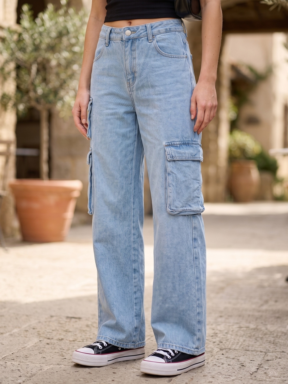 Banjara Light Wash Wide Leg Denim Cargo Jeans Y2K Utilitarian Gorpcore